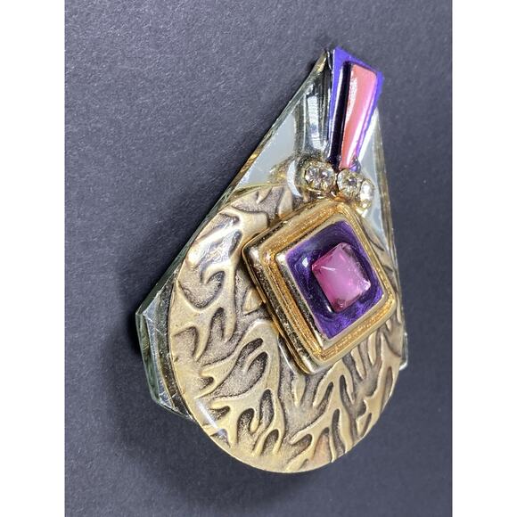 Vintage Artisanal Mirror Glass Rhinestone Brooch Pin Signed CR ‘93 - Picture 4 of 9